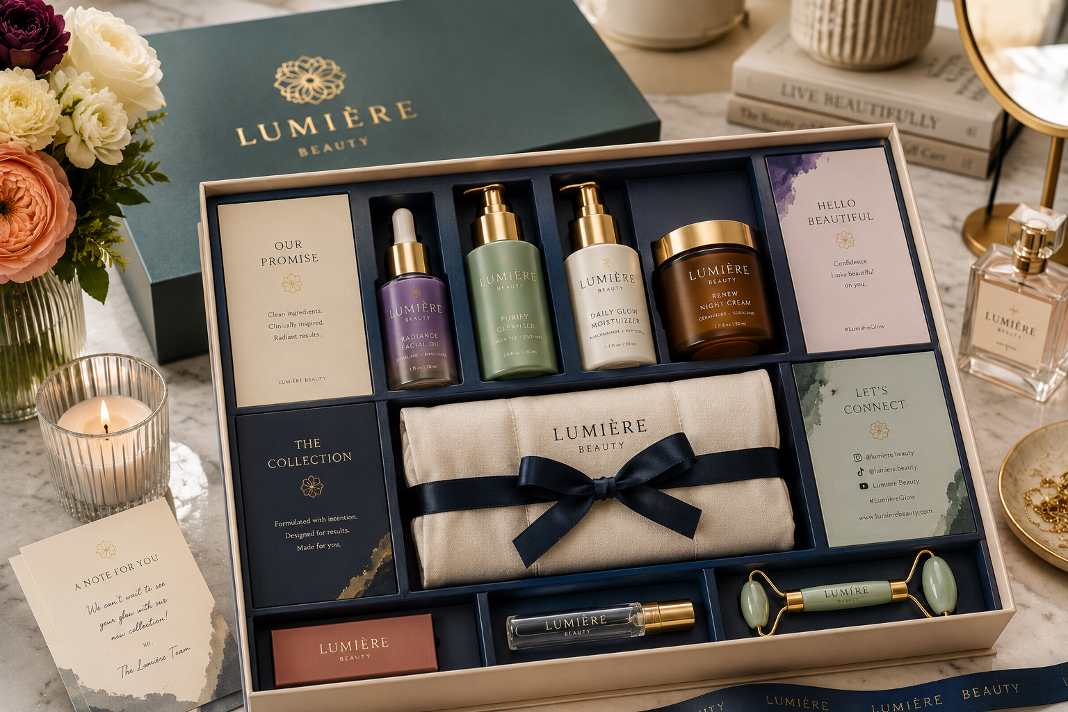 Beauty influencer PR kit in blush pink magnetic closure box with rose gold foil by Luxe Box
