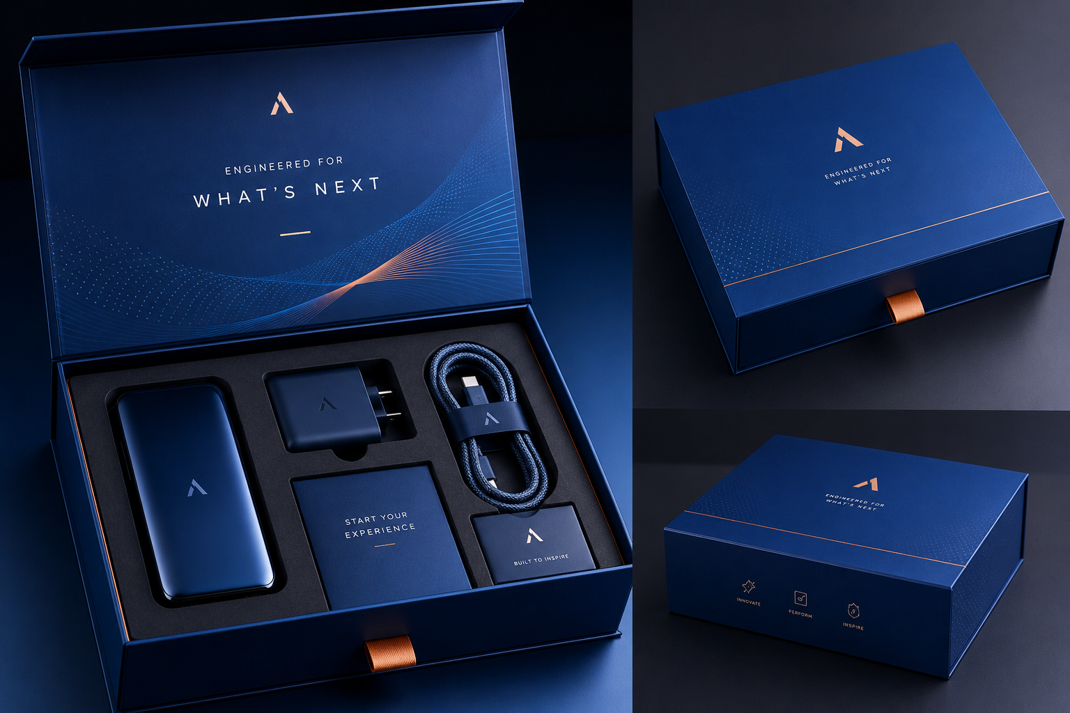 Premium electronics launch box in matte black with gold foil and precision EVA foam insert by Luxe Box