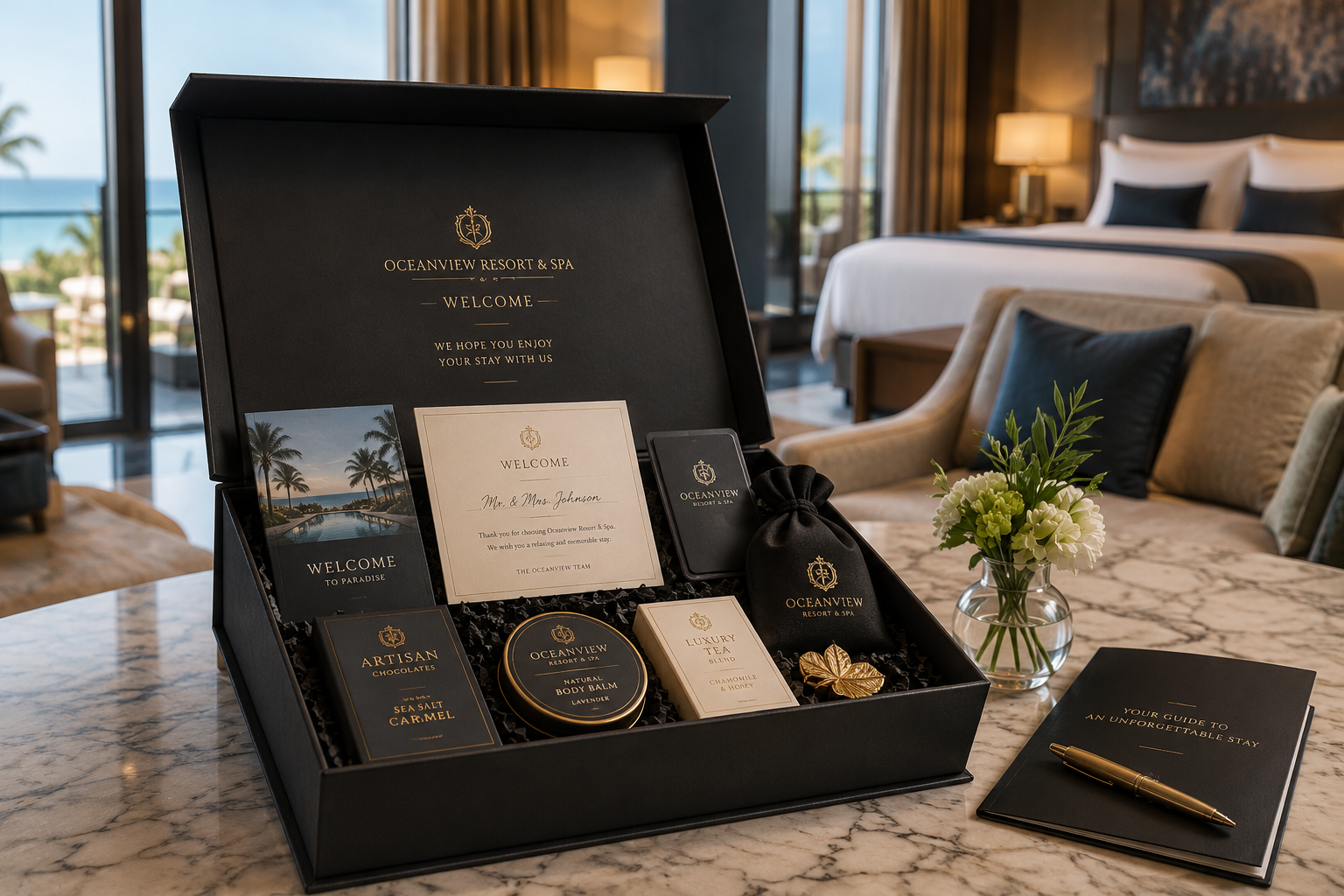 Luxury hotel welcome box with magnetic closure and gold foil branding — premium hospitality packaging by Luxe Box