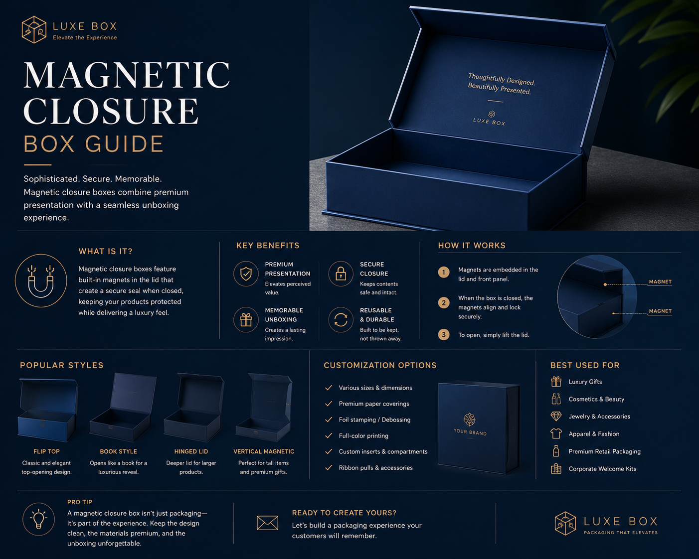 Custom magnetic closure rigid box guide — luxury packaging by Luxe Box