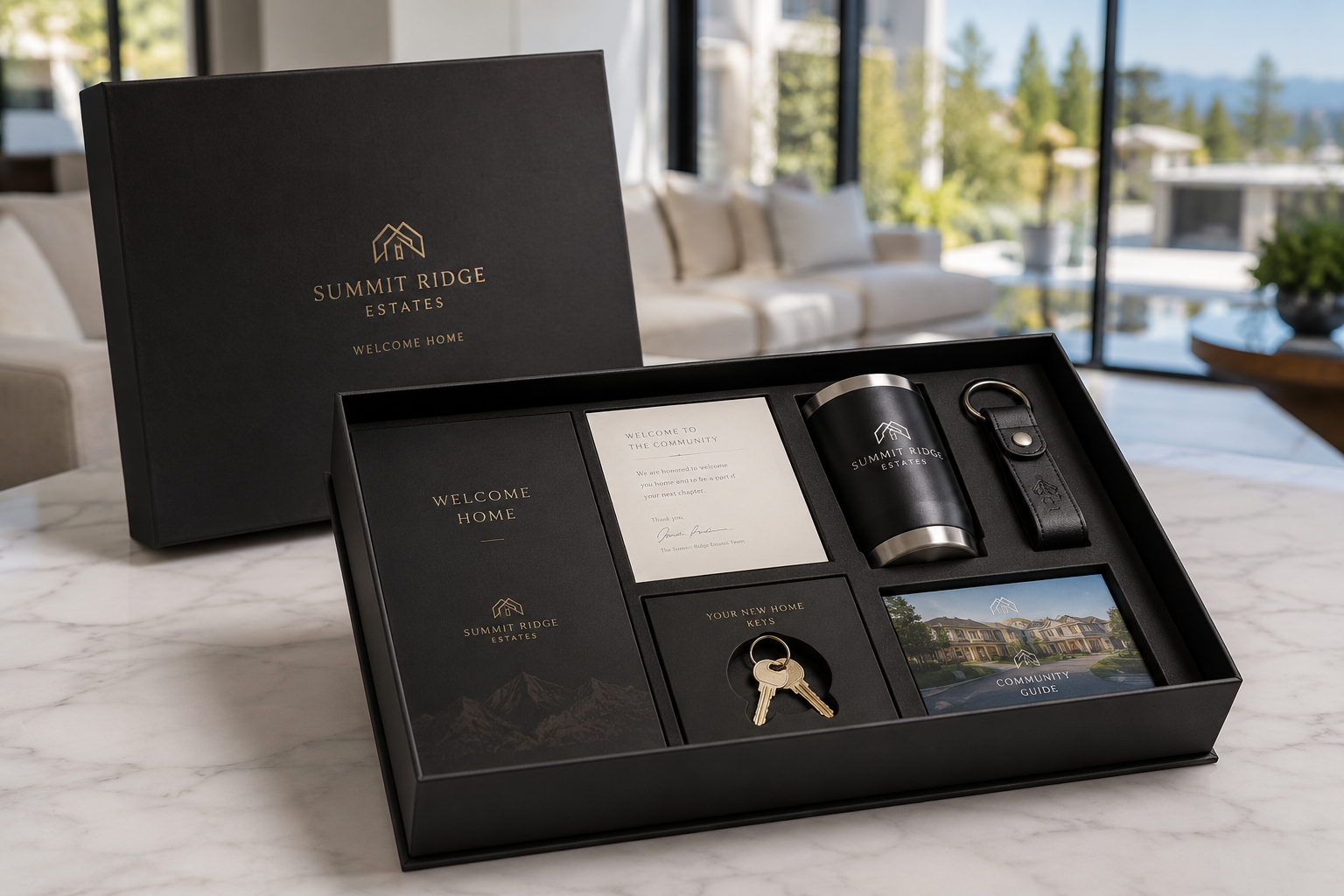 Luxury real estate developer welcome kit with rigid magnetic closure box and gold foil branding by Luxe Box