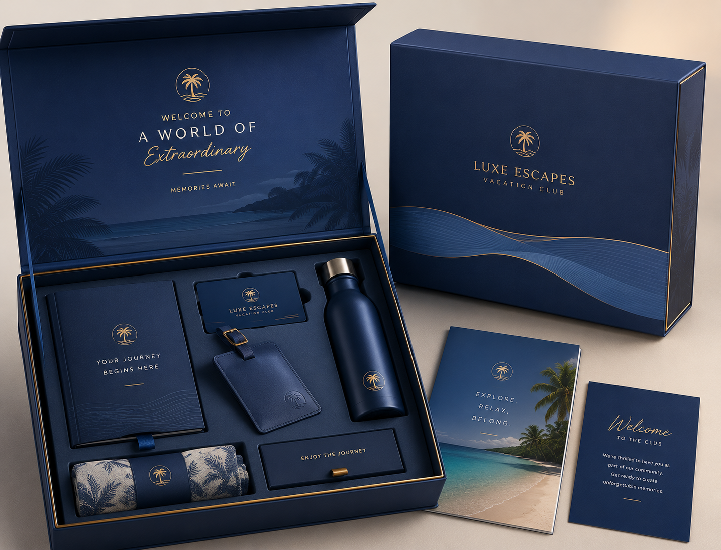 Luxury vacation club welcome kit with magnetic closure rigid box and custom foam inserts by Luxe Box