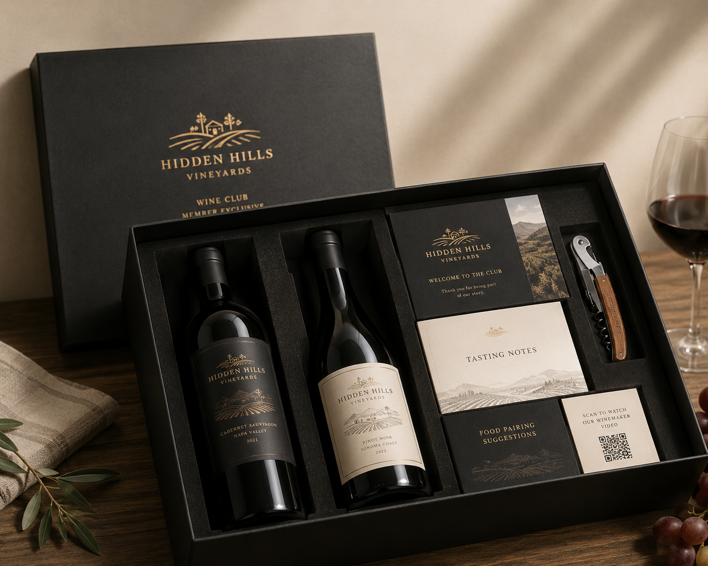 Premium wine membership box with magnetic closure and gold foil — custom wine club packaging by Luxe Box