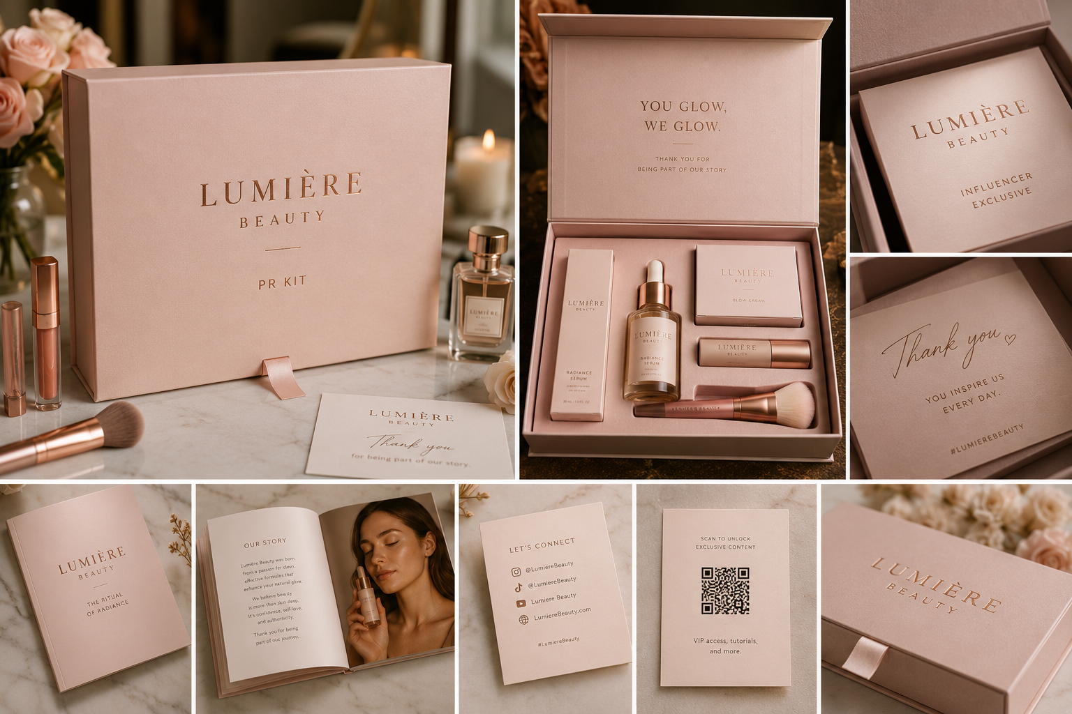 Beauty influencer PR kit — custom magnetic closure box in blush pink with rose gold foil by Luxe Box