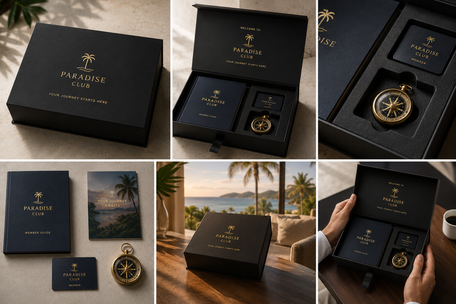 Luxury vacation club welcome kit — custom magnetic closure rigid box with gold foil stamping
