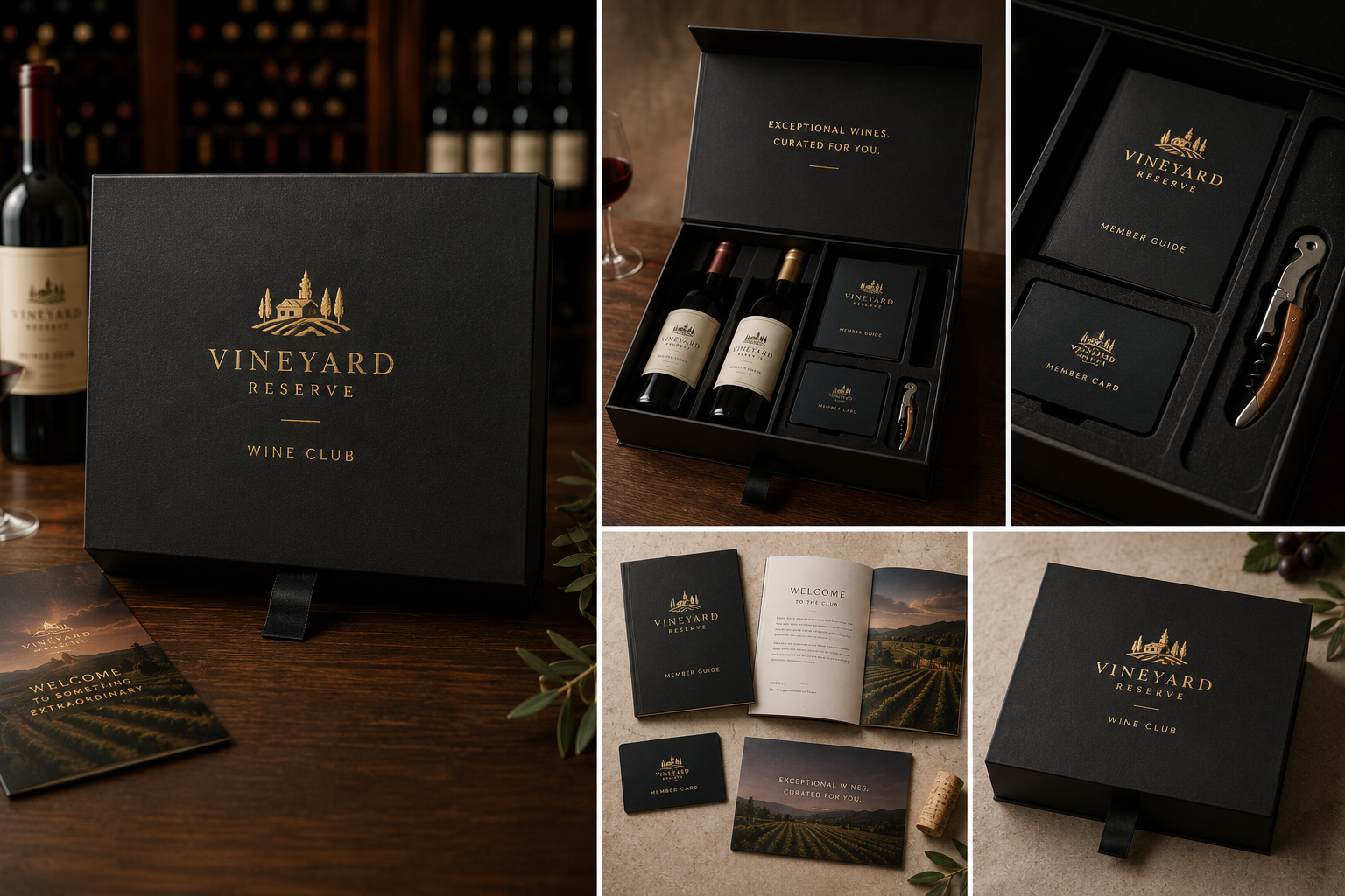 Premium wine membership box — custom magnetic closure rigid box with gold foil and bottle inserts by Luxe Box