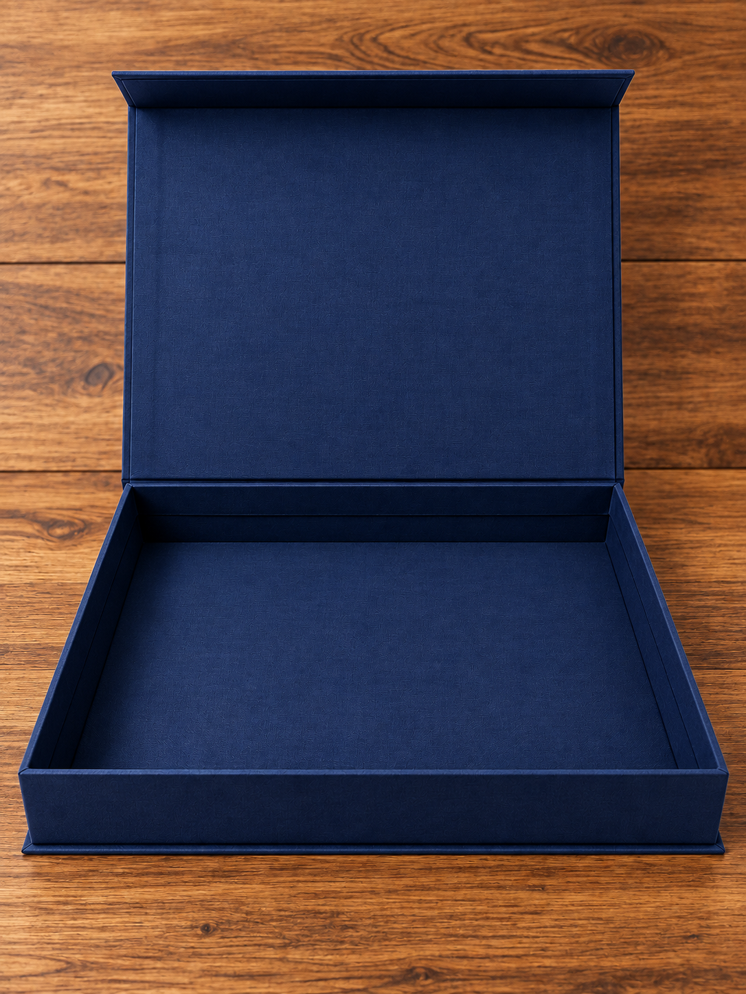 Custom linen fabric box open interior view in navy blue by Luxe Box