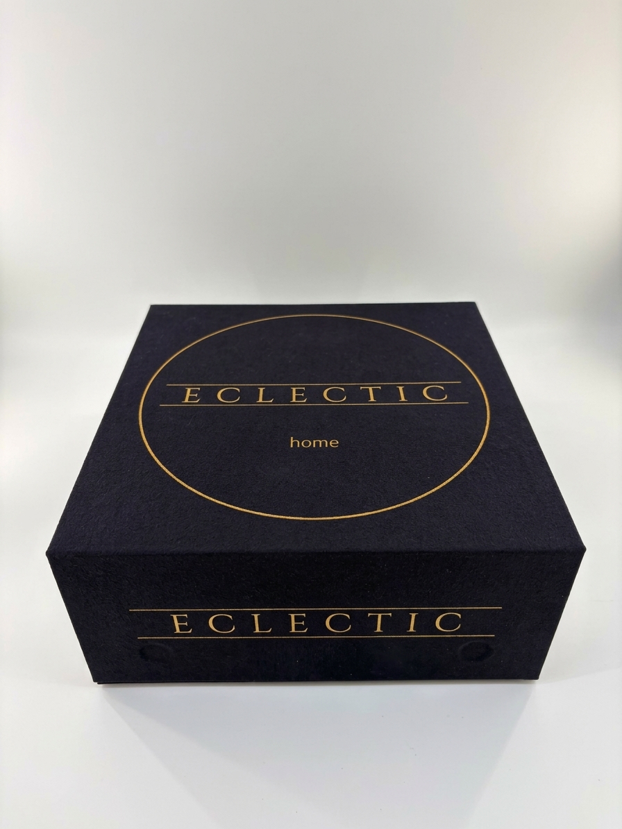 Custom suede magnetic closure box in navy black with gold foil branding by Luxe Box