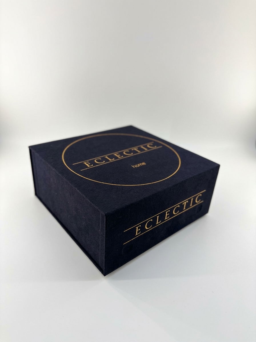 Custom suede box open showing branded interior and compartments by Luxe Box