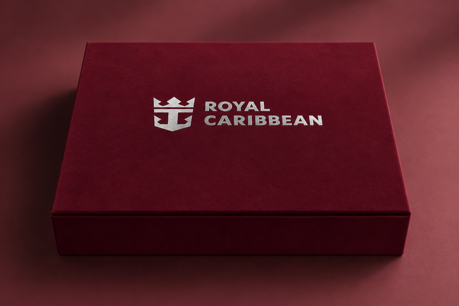 Custom velvet magnetic closure box with Royal Caribbean silver foil branding by Luxe Box