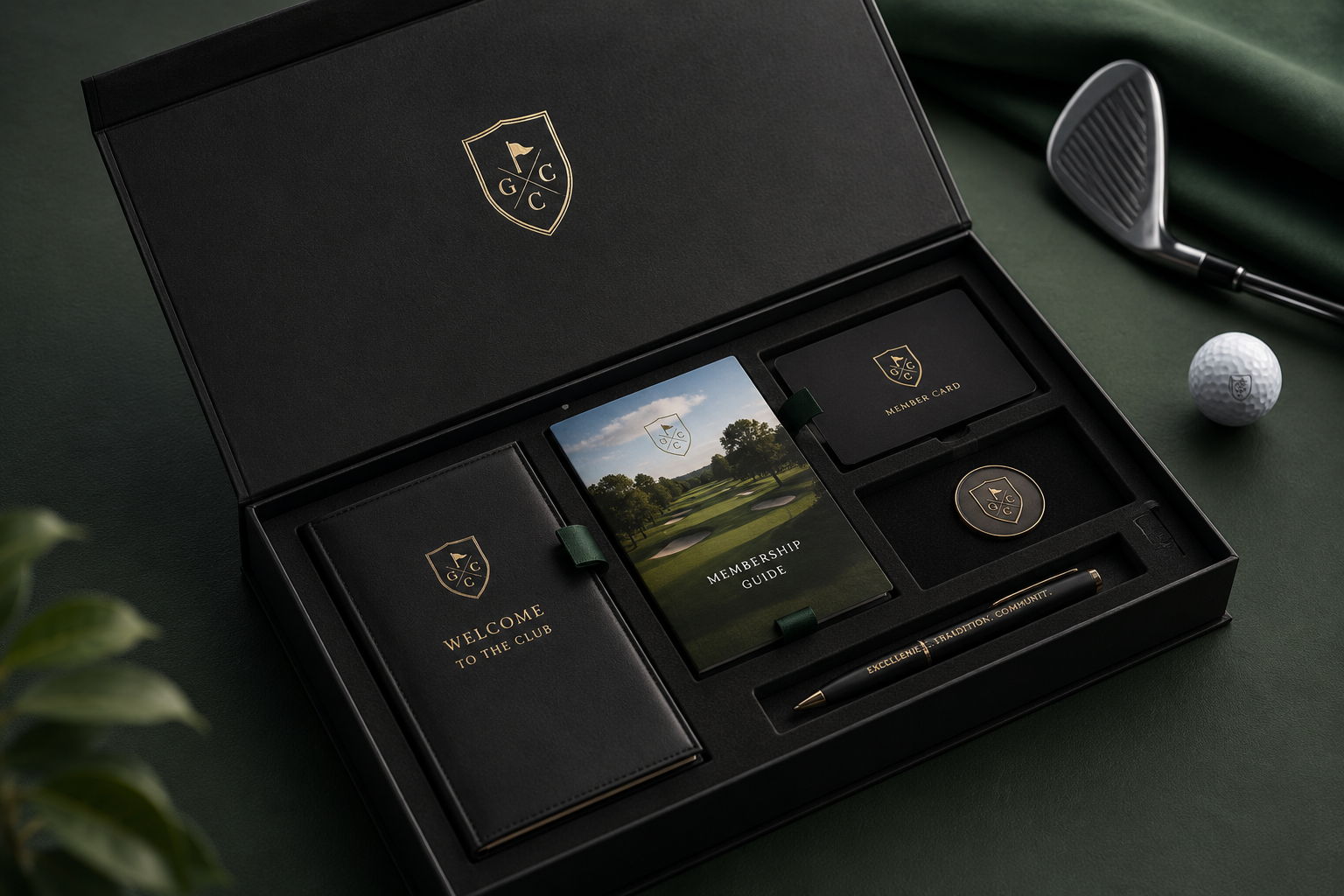 Golf club welcome kit with magnetic closure rigid box and gold foil crest by Luxe Box