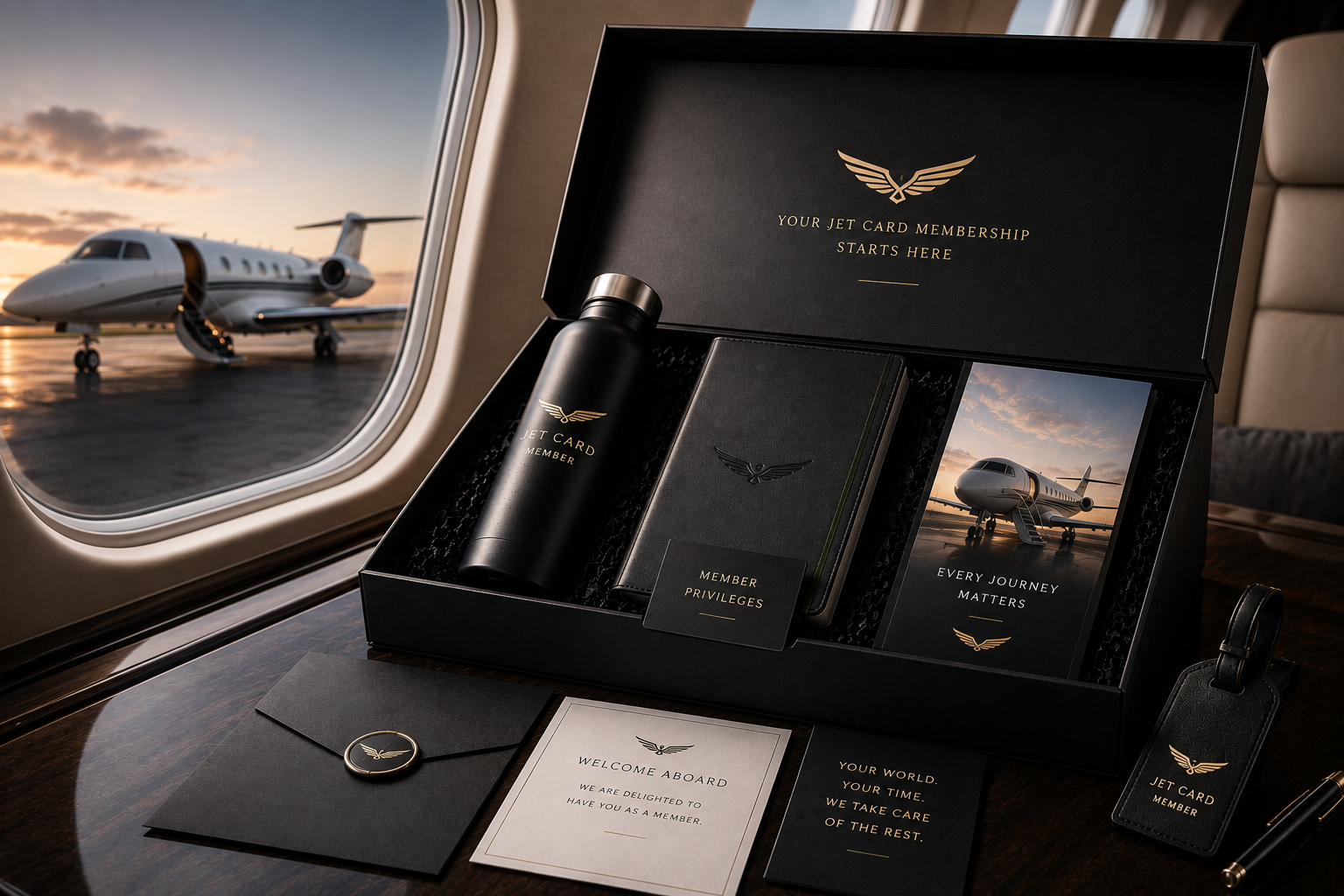 Private aviation welcome kit with matte black magnetic closure rigid box by Luxe Box