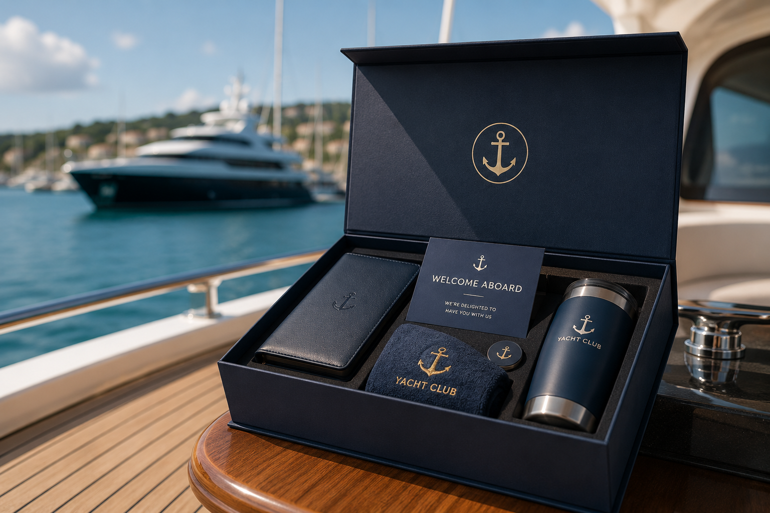 Yacht club welcome kit with magnetic closure rigid box and gold foil by Luxe Box