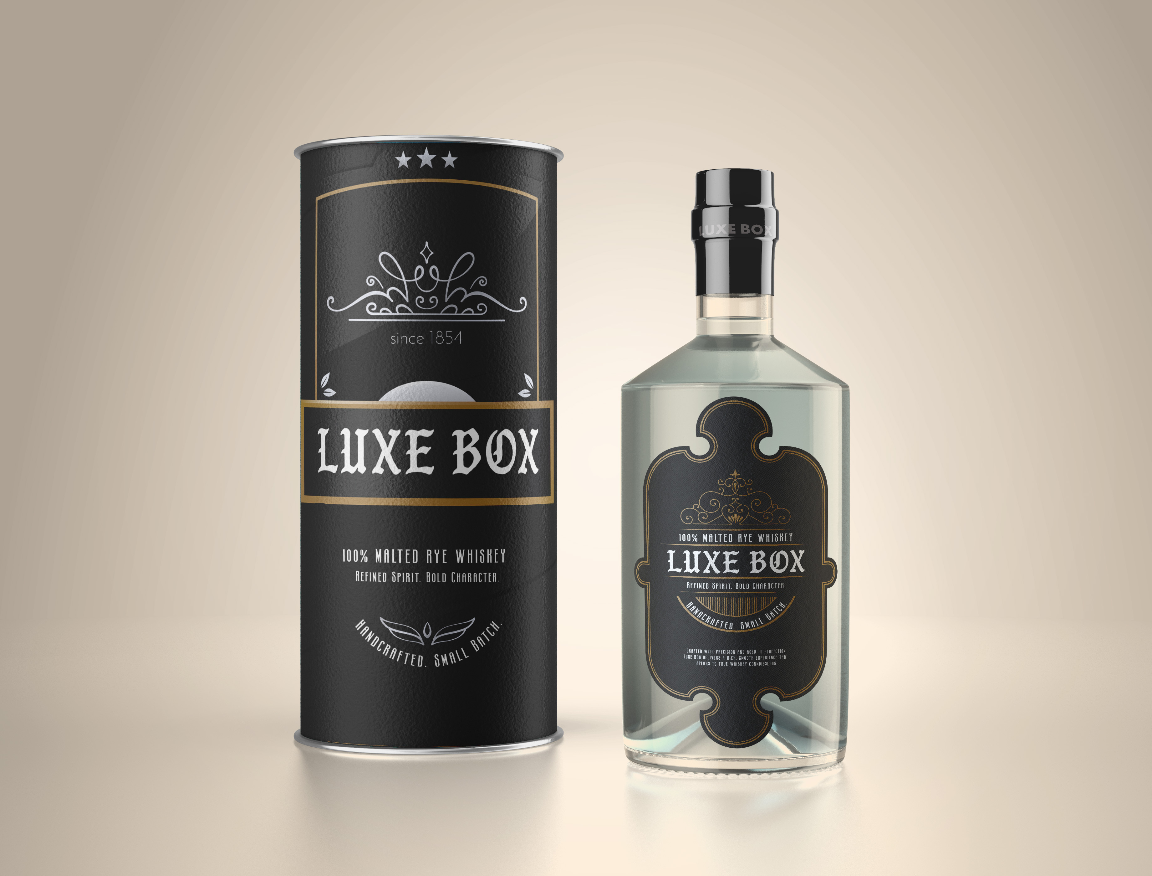 Custom spirit bottle box in black rigid board with foil brand panel — premium alcohol packaging